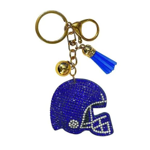 Football Helmet Crystal Keychains Bag Charms Blue White - Picture 1 of 2